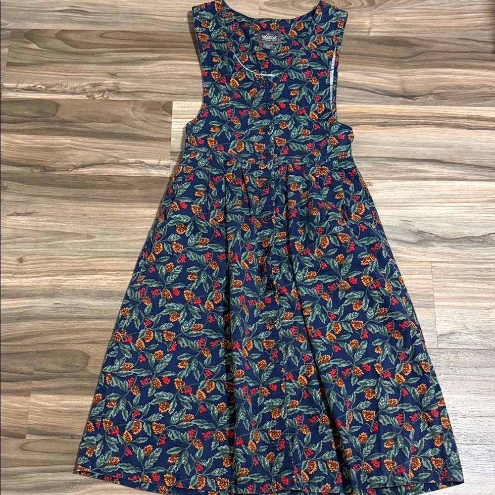 Vintage Woolrich Navy Holly Leaves Cotton Jumper Dress Women’s Sz. S Country